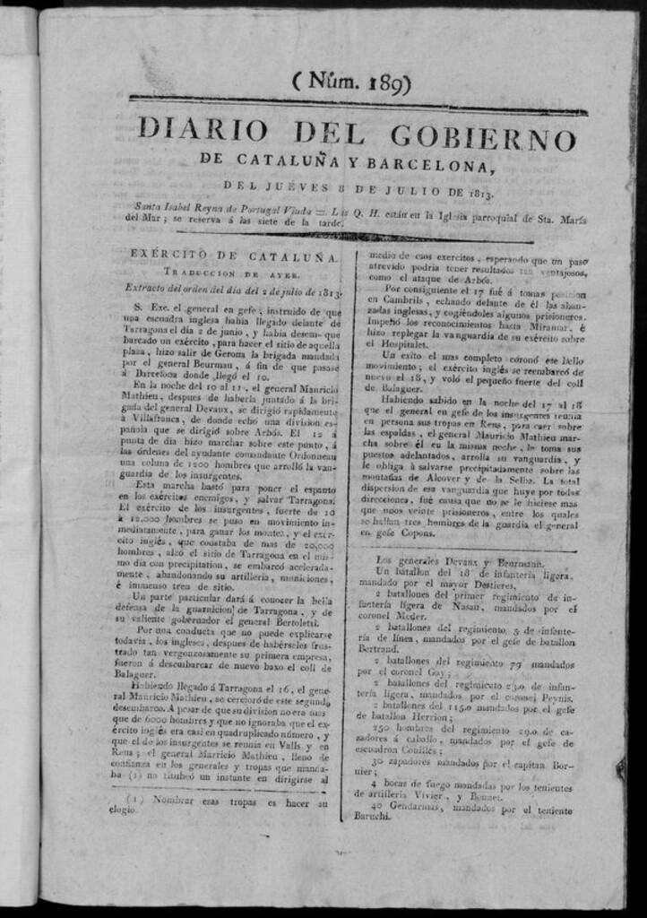 Miniatura de Diario de Barcelona del jueves 8 de julio de 1813