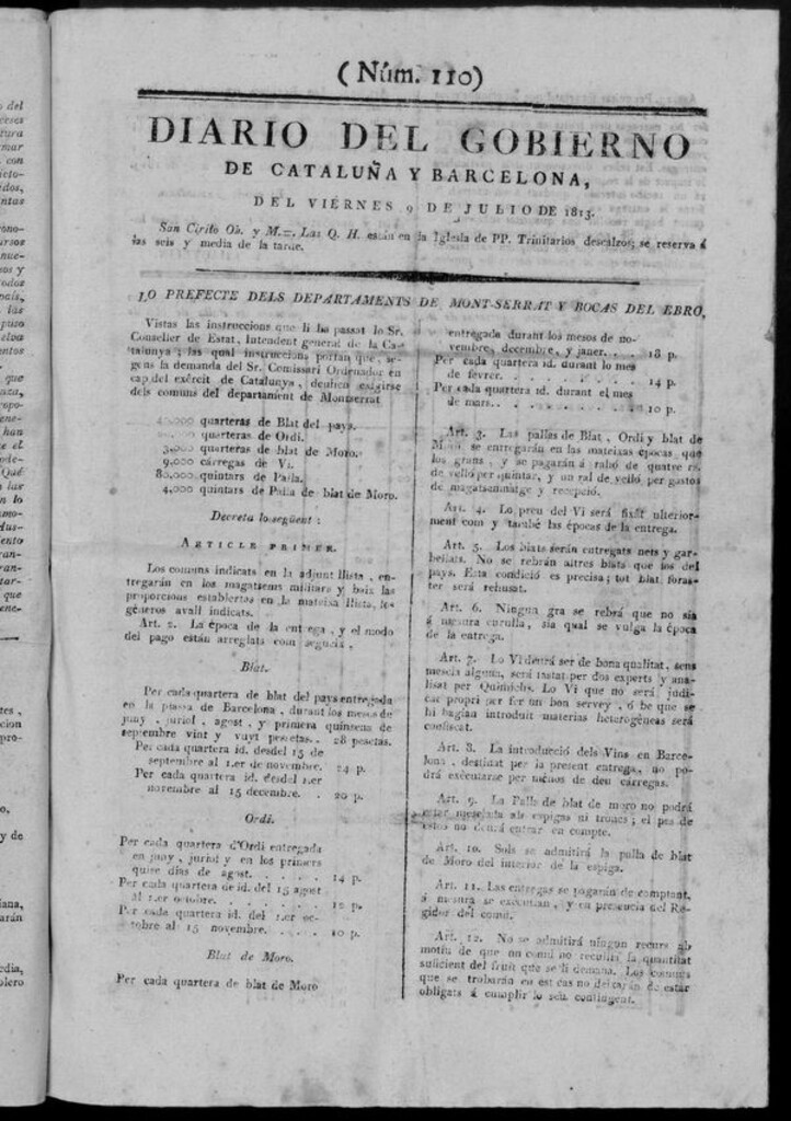 Miniatura de Diario de Barcelona del viernes 9 de julio de 1813