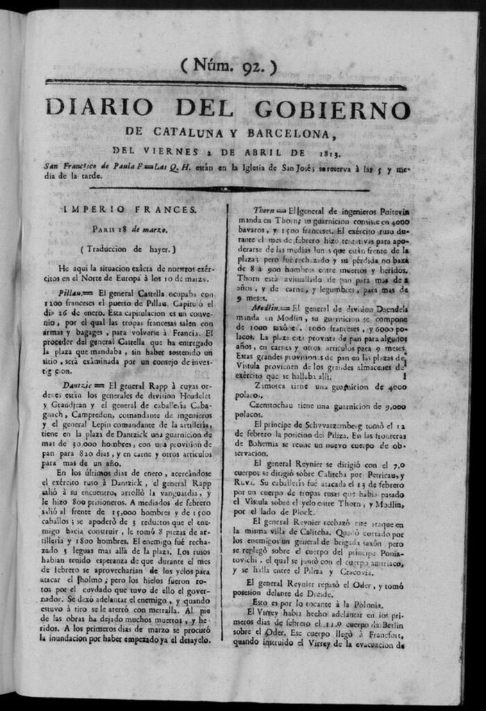 Miniatura de Diario de Barcelona del viernes 2 de abril de 1813