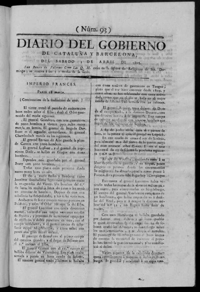 Miniatura de Diario de Barcelona del sábado 3 de abril de 1813