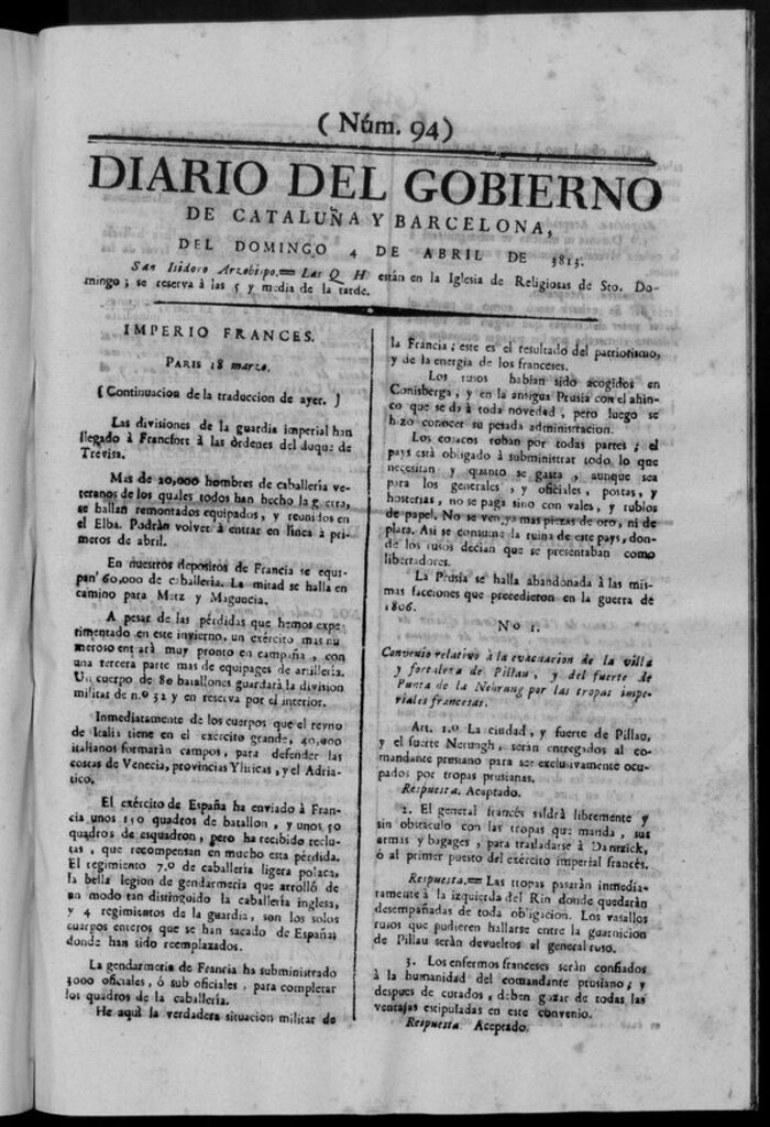 Miniatura de Diario de Barcelona del domingo 4 de abril de 1813