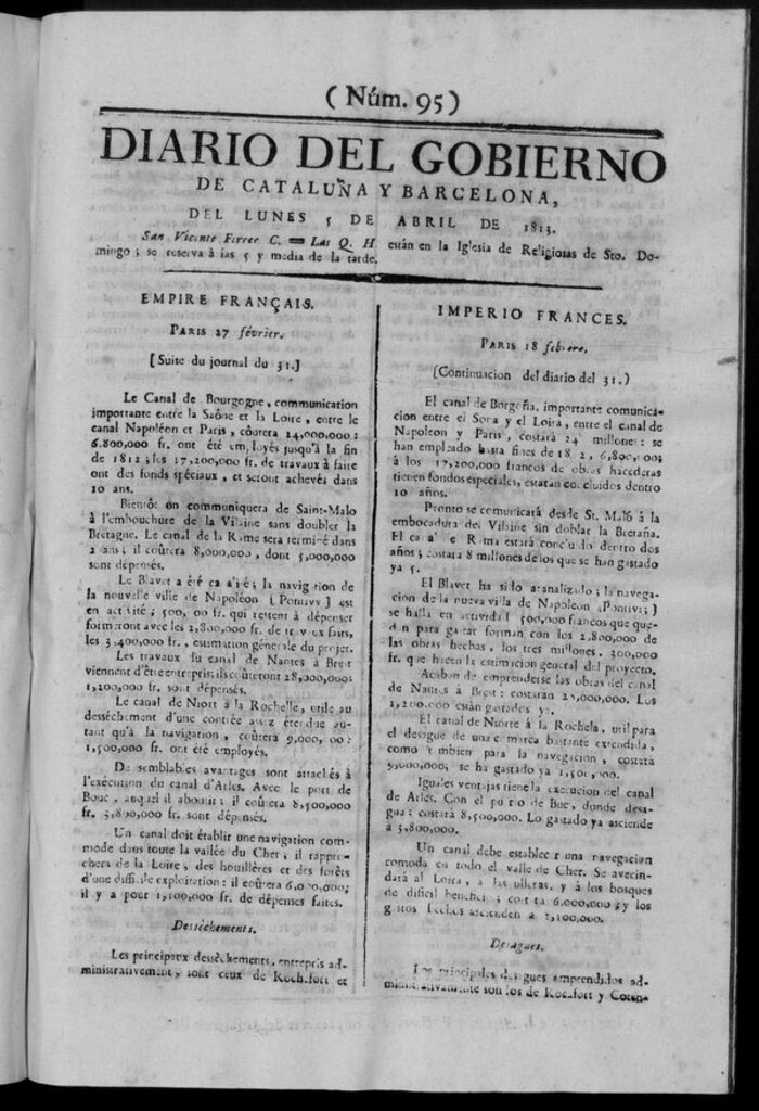 Miniatura de Diario de Barcelona del lunes 5 de abril de 1813