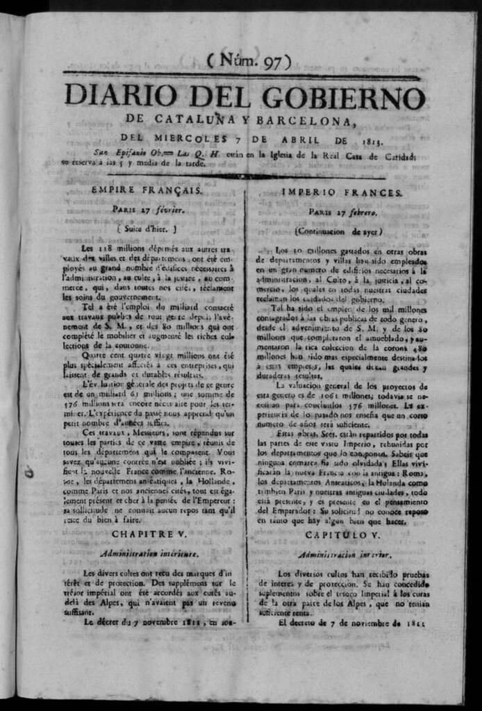 Miniatura de Diario de Barcelona del miércoles 7 de abril de 1813