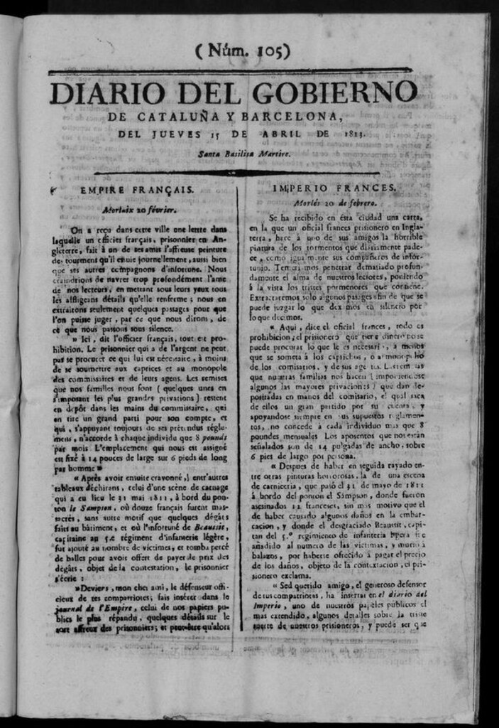 Miniatura de Diario de Barcelona del jueves 15 de abril de 1813