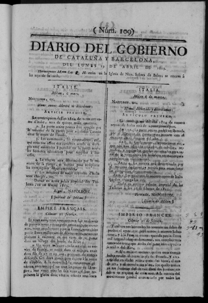 Miniatura de Diario de Barcelona del lunes 19 de abril de 1813