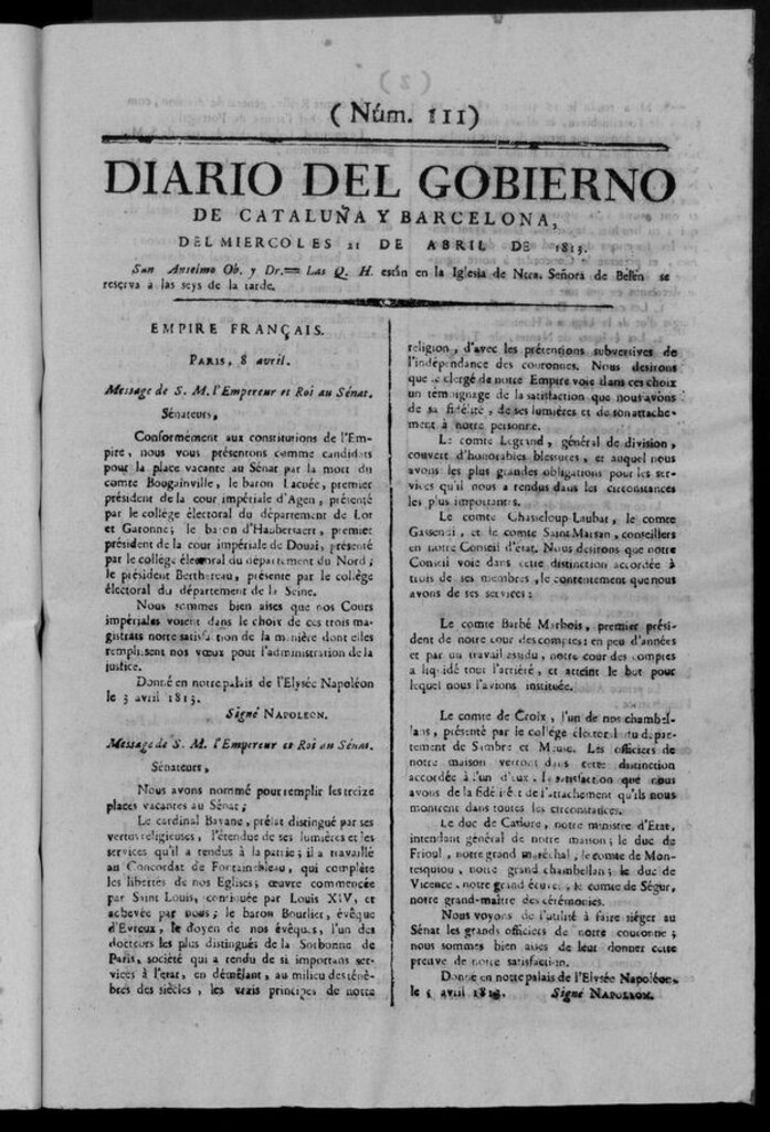 Miniatura de Diario de Barcelona del miércoles 21 de abril de 1813