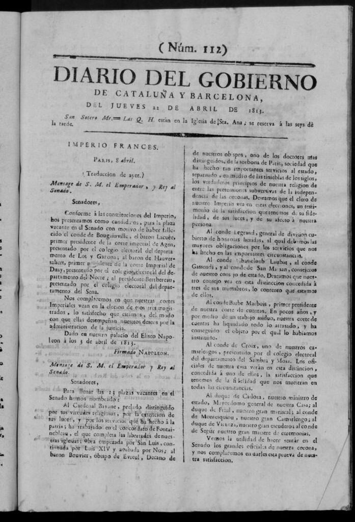 Miniatura de Diario de Barcelona del jueves 22 de abril de 1813