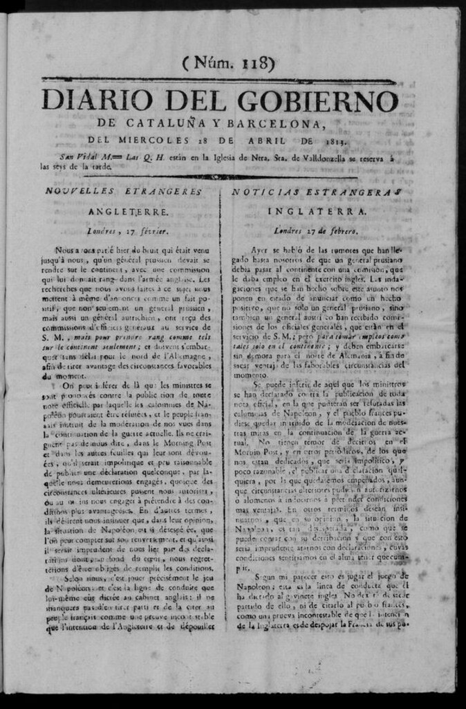 Miniatura de Diario de Barcelona del miércoles 28 de abril de 1813