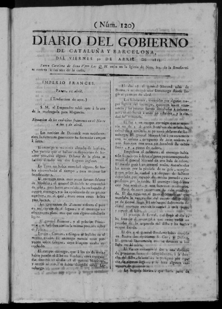 Miniatura de Diario de Barcelona del viernes 30 de abril de 1813
