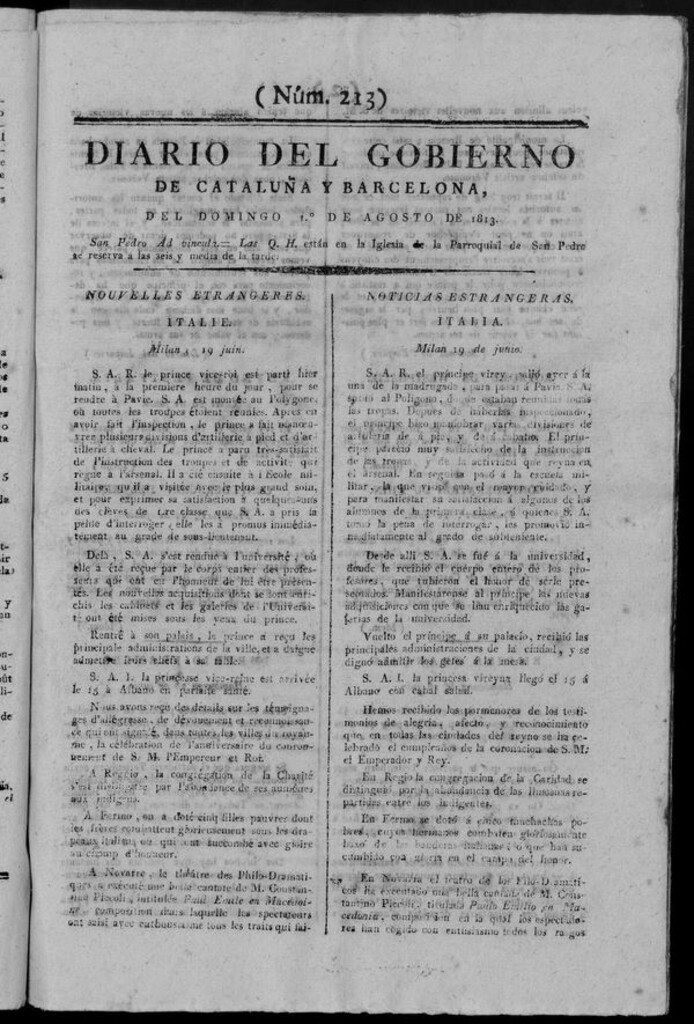 Miniatura de Diario de Barcelona del domingo 1 de agosto de 1813