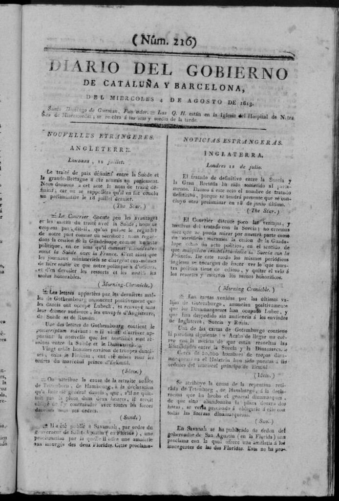 Miniatura de Diario de Barcelona del miércoles 4 de agosto de 1813
