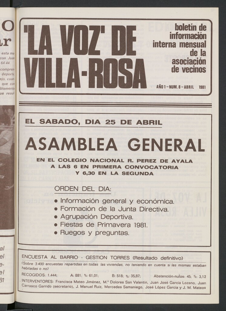 Miniatura de La Voz de Villa-Rosa: boletín informativo mensual de la asociación de vecinos, nº 8 de abril de 1981