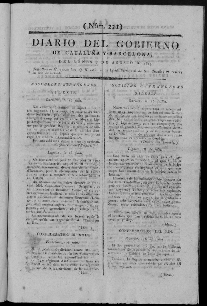 Miniatura de Diario de Barcelona del lunes 9 de agosto de 1813