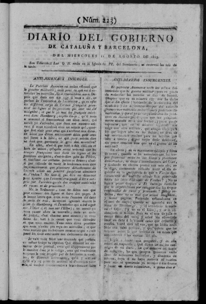 Miniatura de Diario de Barcelona del miércoles 11 de agosto de 1813