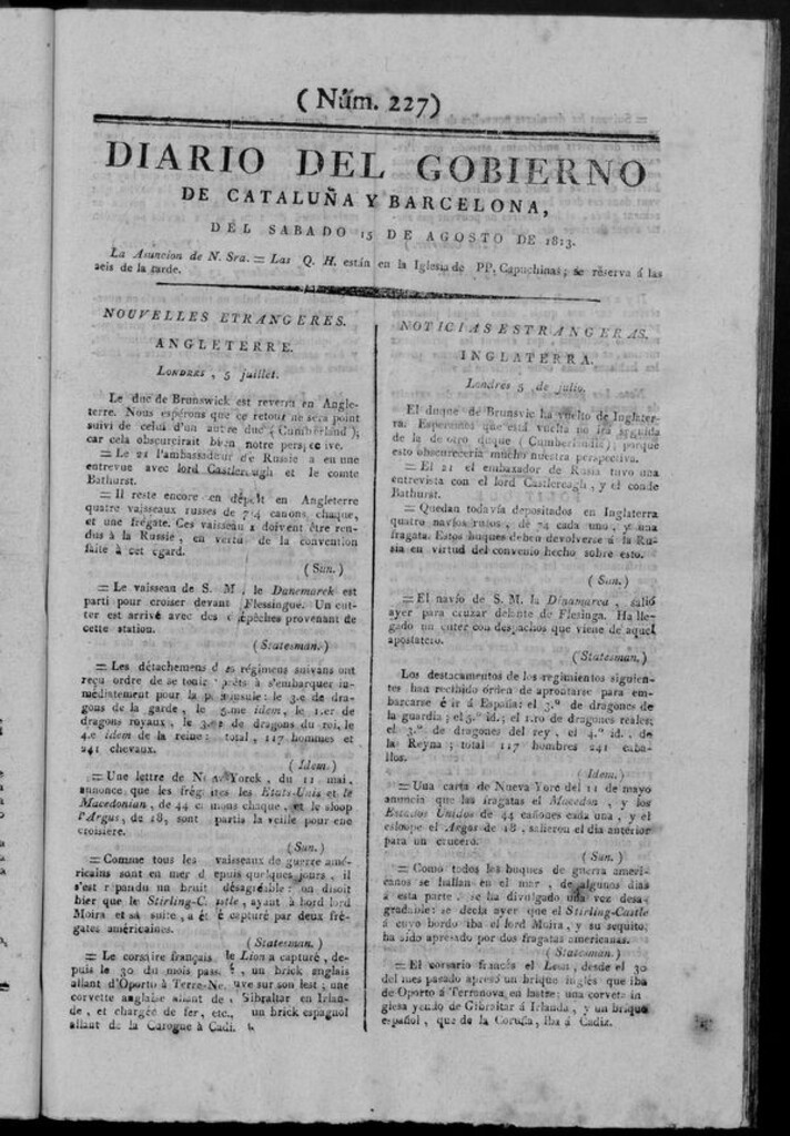 Miniatura de Diario de Barcelona del sábado 15 de agosto de 1813