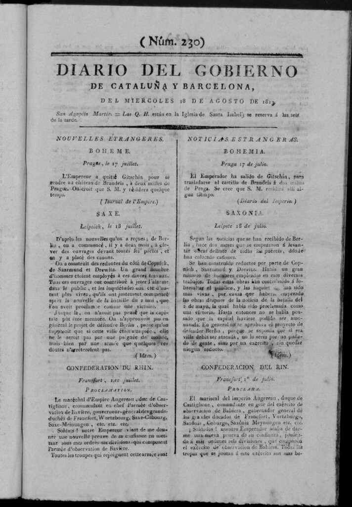 Miniatura de Diario de Barcelona del miércoles 18 de agosto de 1813