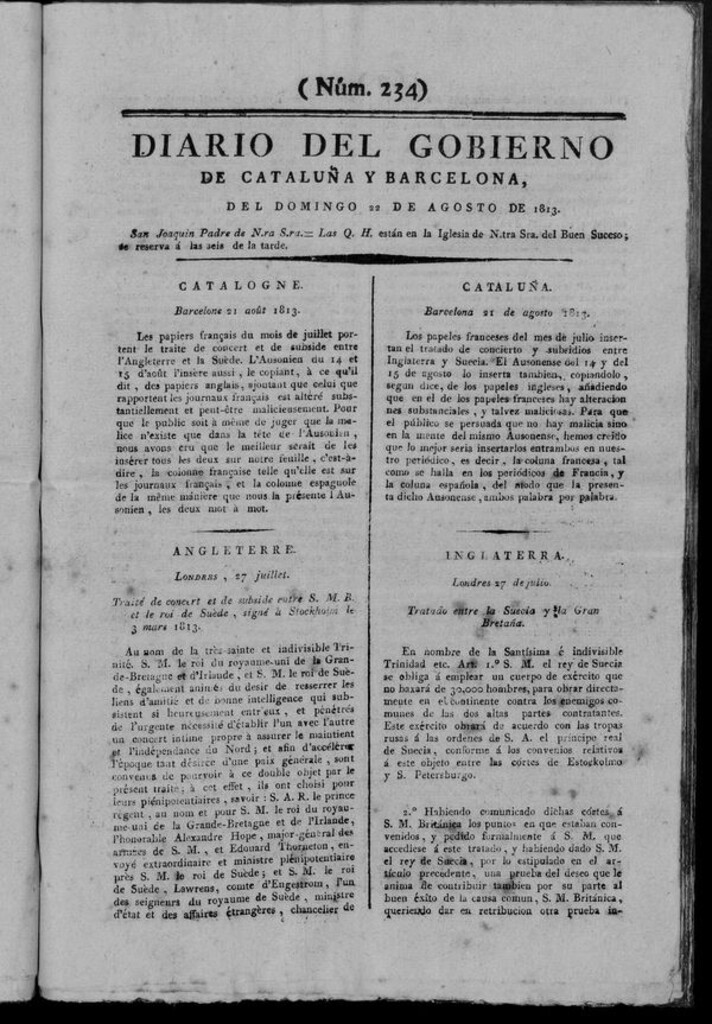 Miniatura de Diario de Barcelona del domingo 22 de agosto de 1813