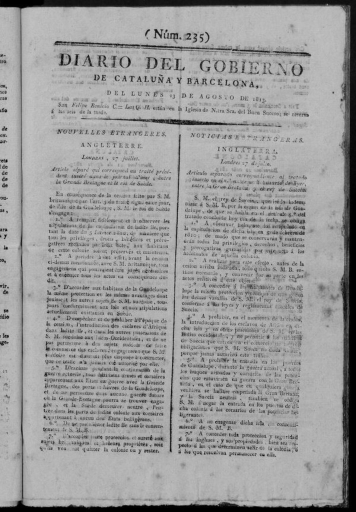 Miniatura de Diario de Barcelona del lunes 23 de agosto de 1813