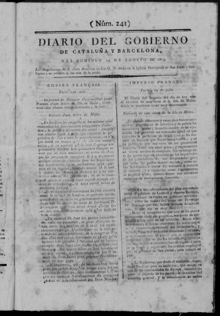 Miniatura de Diario de Barcelona del domingo 29 de agosto de 1813