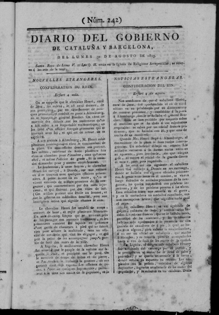 Miniatura de Diario de Barcelona del lunes 30 de agosto de 1813