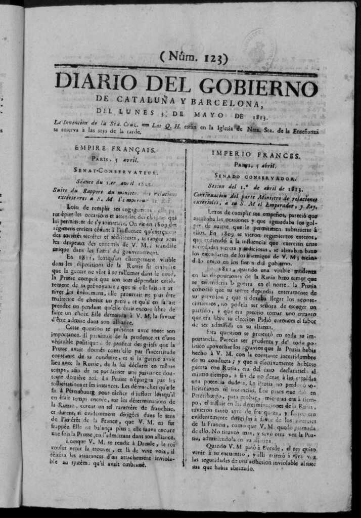 Miniatura de Diario de Barcelona del lunes 3 de mayo de 1813