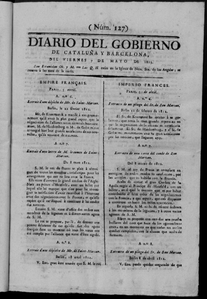 Miniatura de Diario de Barcelona del viernes 7 de mayo de 1813