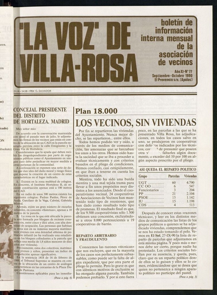Miniatura de La Voz de Villa-Rosa: boletín informativo mensual de la asociación de vecinos, nº 77 de septiembre-octubre de 1990