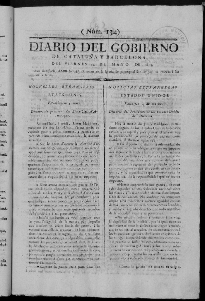 Miniatura de Diario de Barcelona del viernes 14 de mayo de 1813