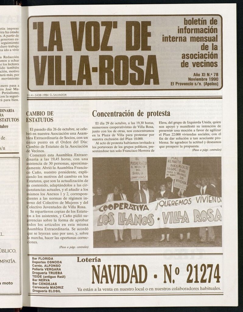 Miniatura de La Voz de Villa-Rosa: boletín informativo mensual de la asociación de vecinos, nº 78 de noviembre de 1990