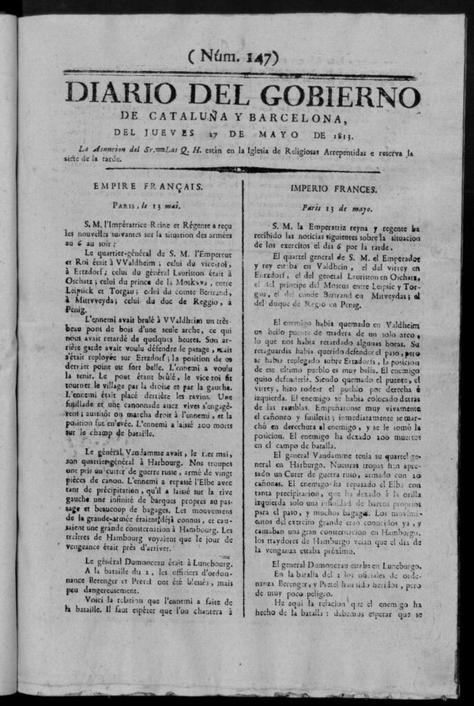 Miniatura de Diario de Barcelona del jueves 27 de mayo de 1813