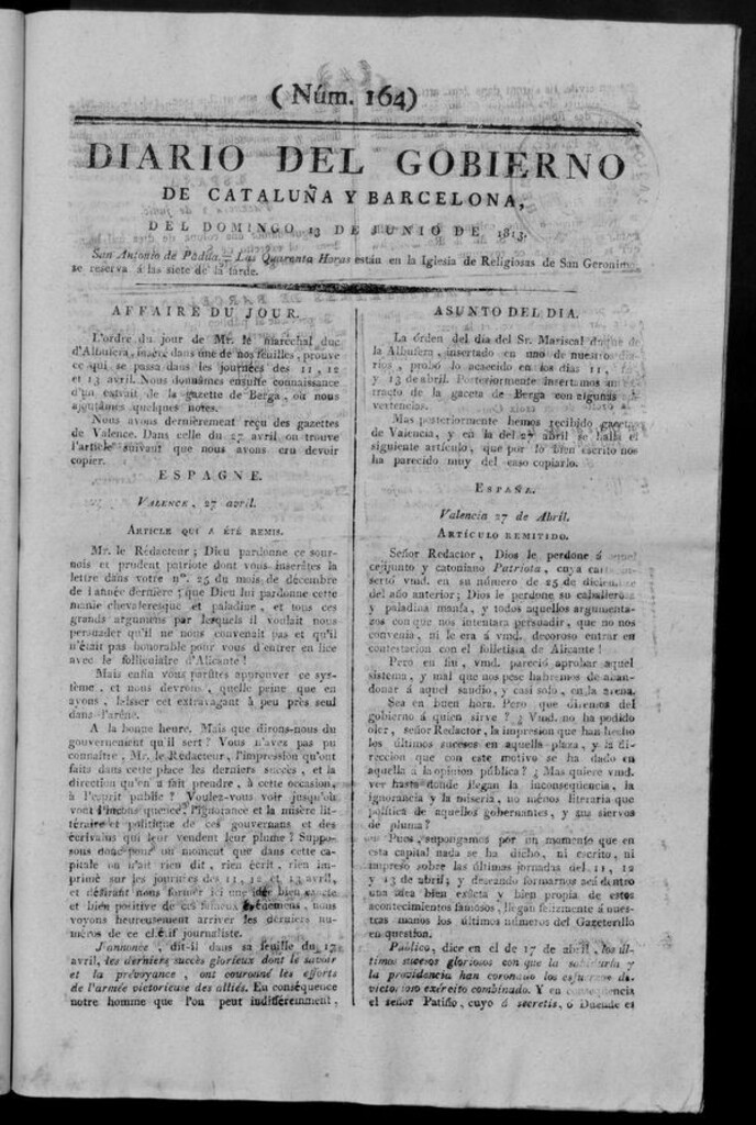 Miniatura de Diario de Barcelona del domingo 13 de junio de 1813
