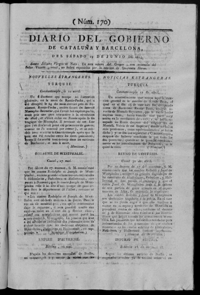 Miniatura de Diario de Barcelona del sábado 19 de junio de 1813