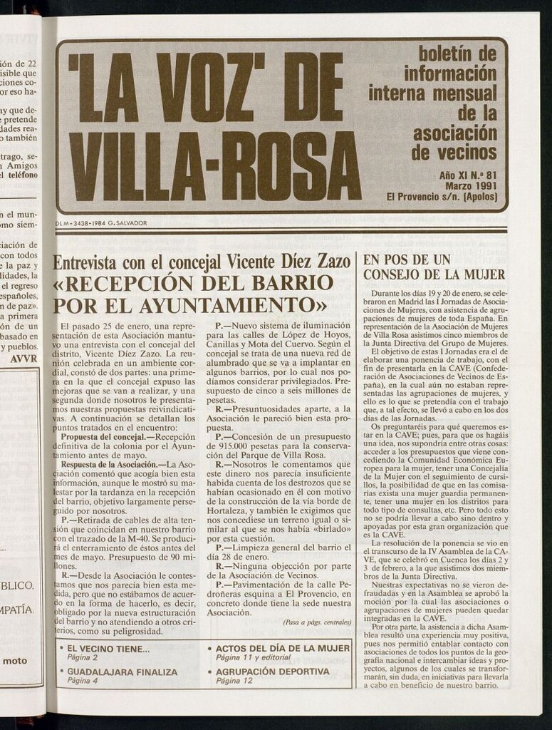 Miniatura de La Voz de Villa-Rosa: boletín informativo mensual de la asociación de vecinos, nº 81 de marzo de 1991
