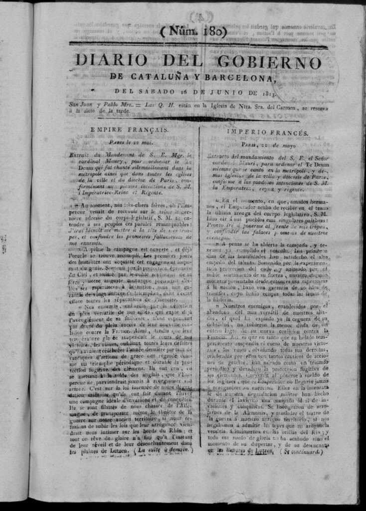 Miniatura de Diario de Barcelona del sábado 26 de junio de 1813