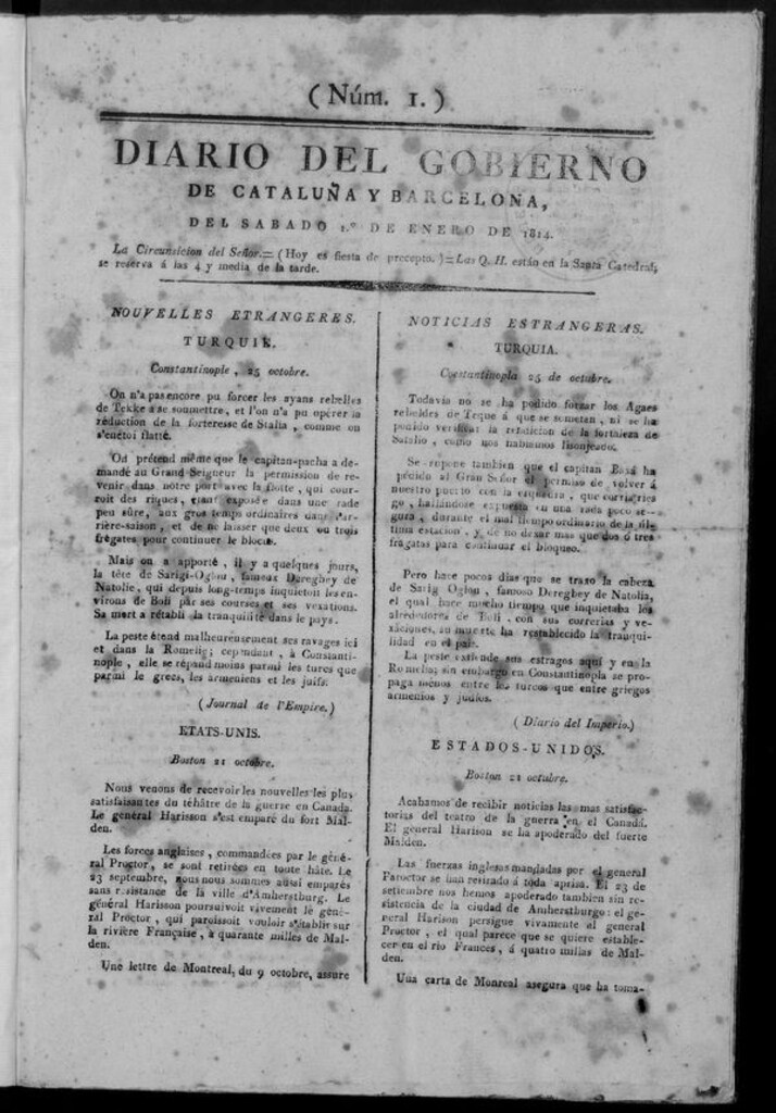 Miniatura de Diario de Barcelona del sábado 1 de enero de 1814