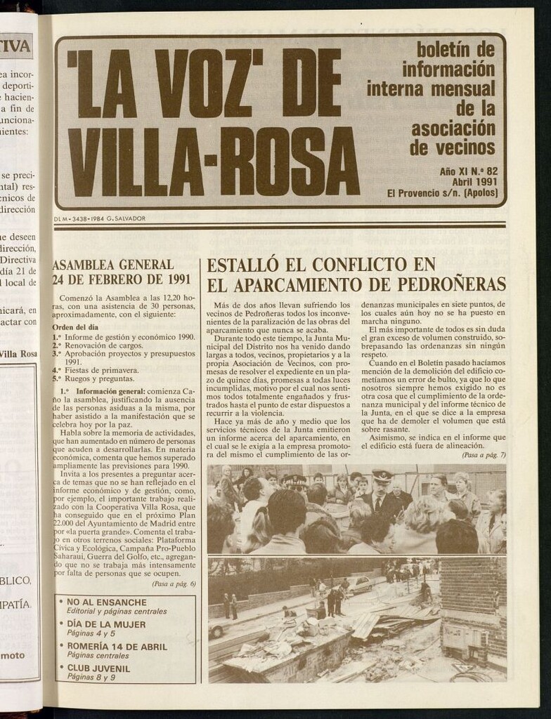 Miniatura de La Voz de Villa-Rosa: boletín informativo mensual de la asociación de vecinos, nº 82 de abril de 1991