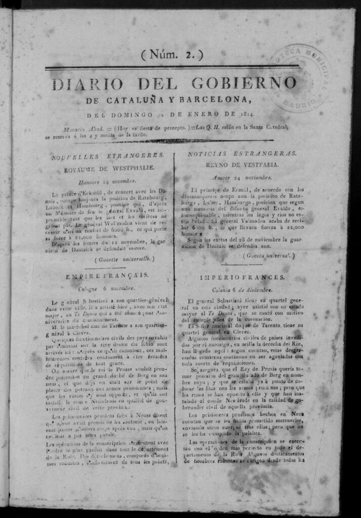 Miniatura de Diario de Barcelona del domingo 2 de enero de 1814