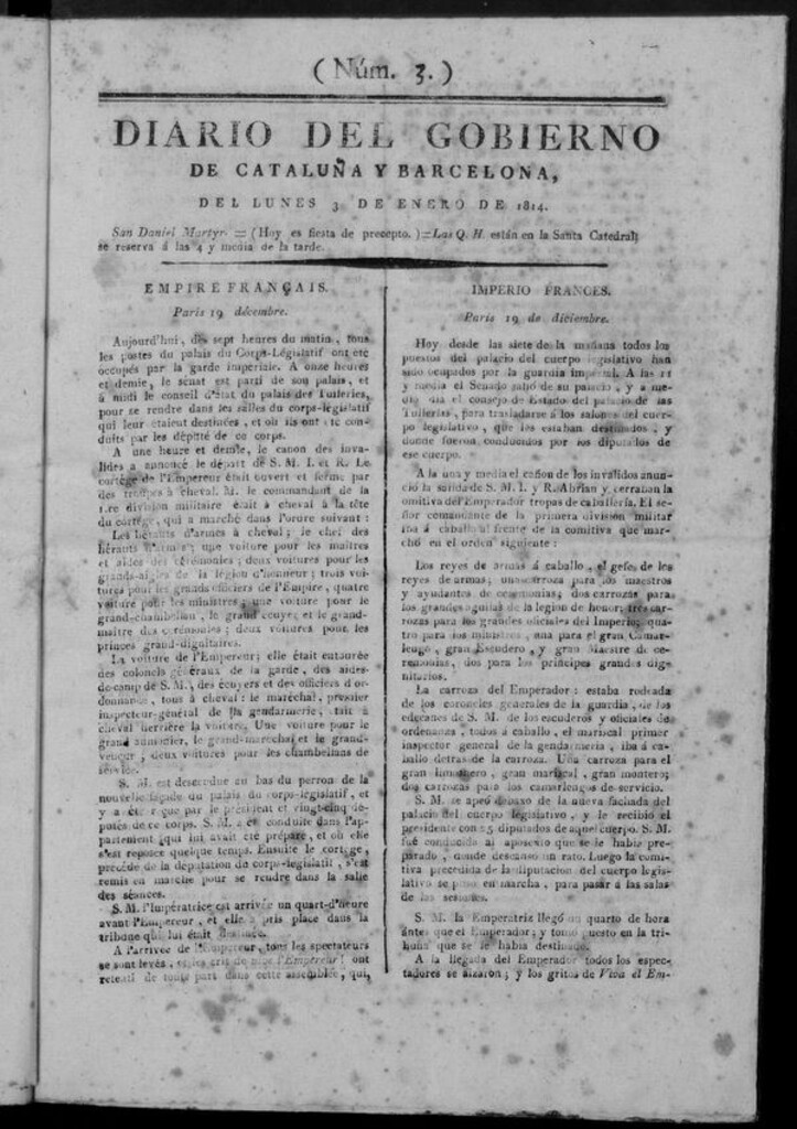 Miniatura de Diario de Barcelona del lunes 3 de enero de 1814