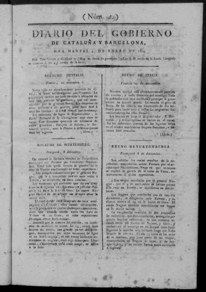 Miniatura de Diario de Barcelona del martes 4 de enero de 1814