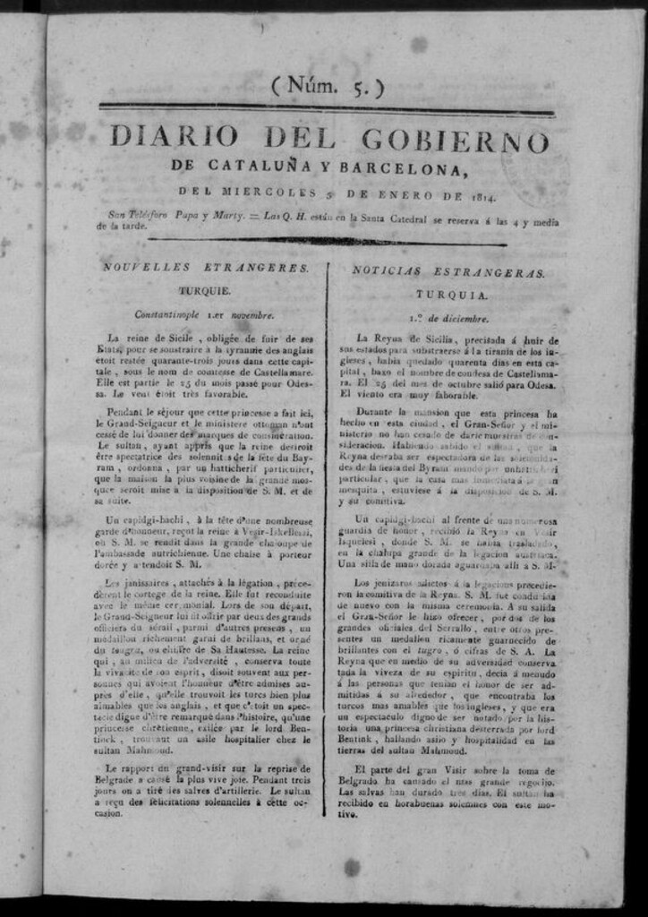 Miniatura de Diario de Barcelona del miércoles 5 de enero de 1814