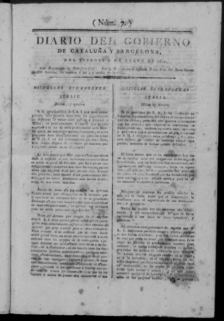 Miniatura de Diario de Barcelona del viernes 7 de enero de 1814