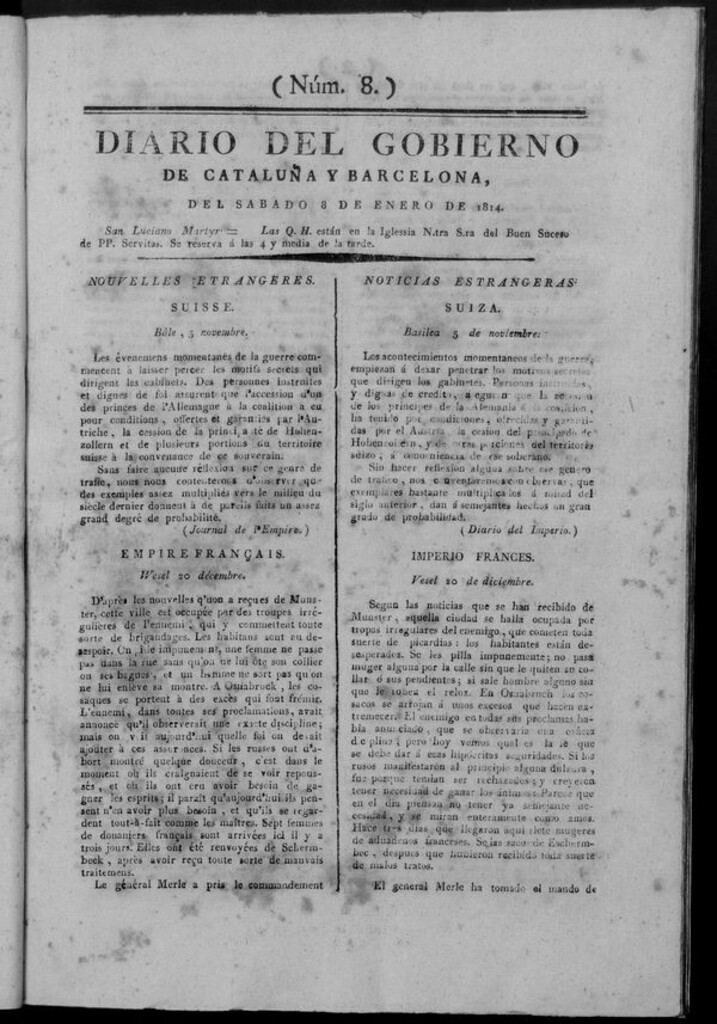Miniatura de Diario de Barcelona del sábado 8 de enero de 1814