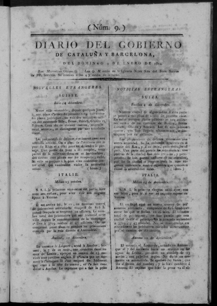 Miniatura de Diario de Barcelona del domingo 9 de enero de 1814