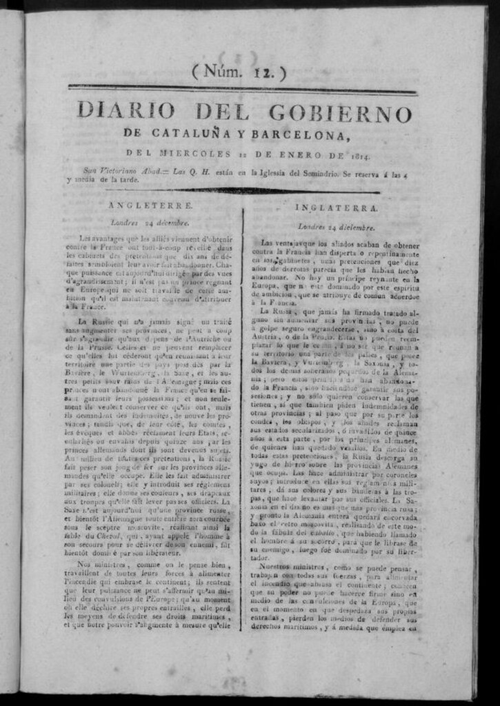 Miniatura de Diario de Barcelona del miércoles 12 de enero de 1814