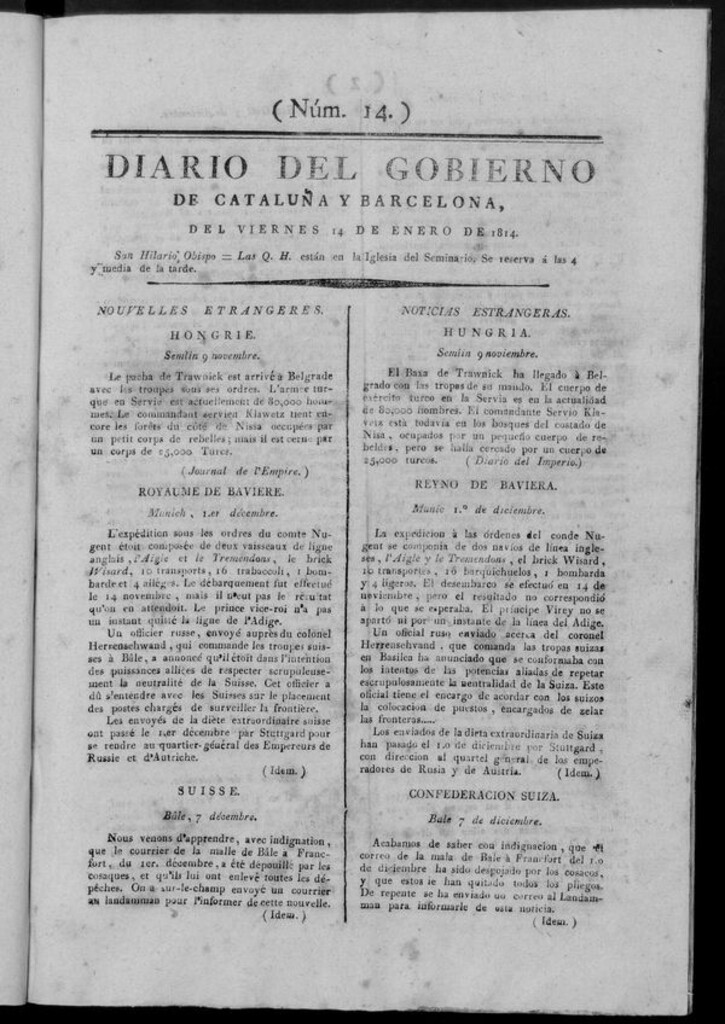 Miniatura de Diario de Barcelona del viernes 14 de enero de 1814