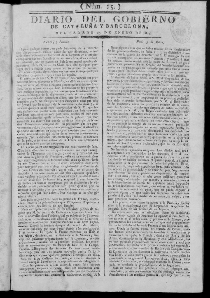 Miniatura de Diario de Barcelona del sábado 15 de enero de 1814