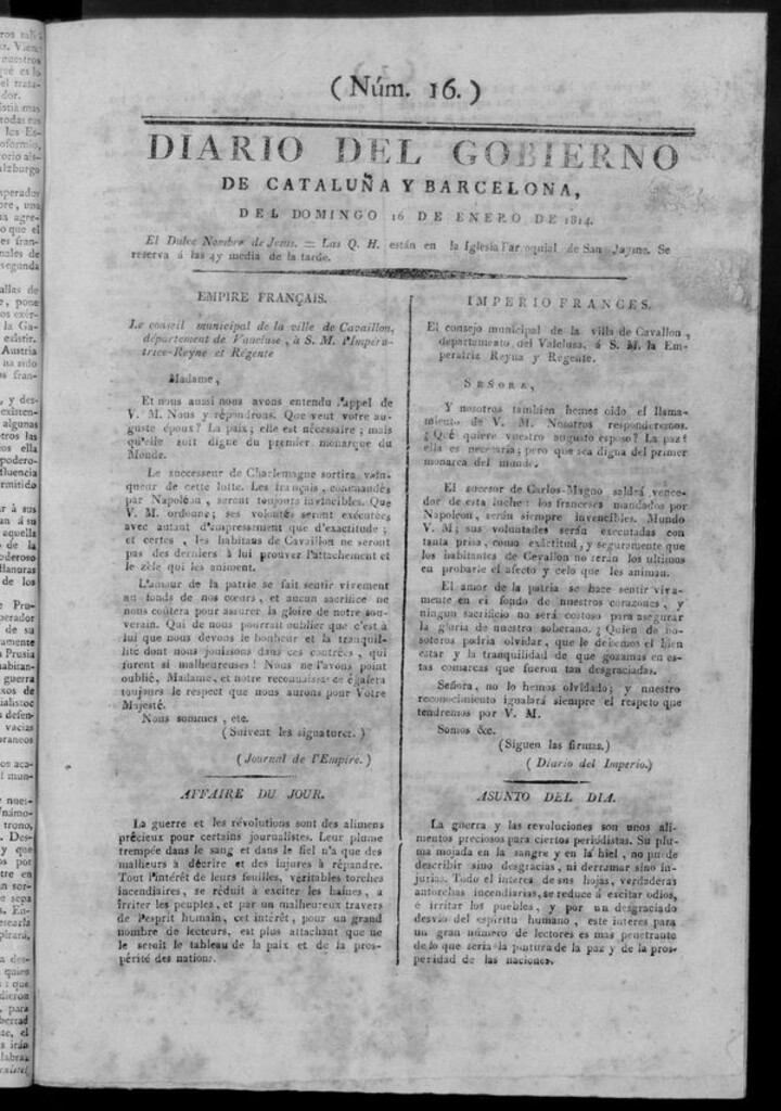Miniatura de Diario de Barcelona del domingo 16 de enero de 1814