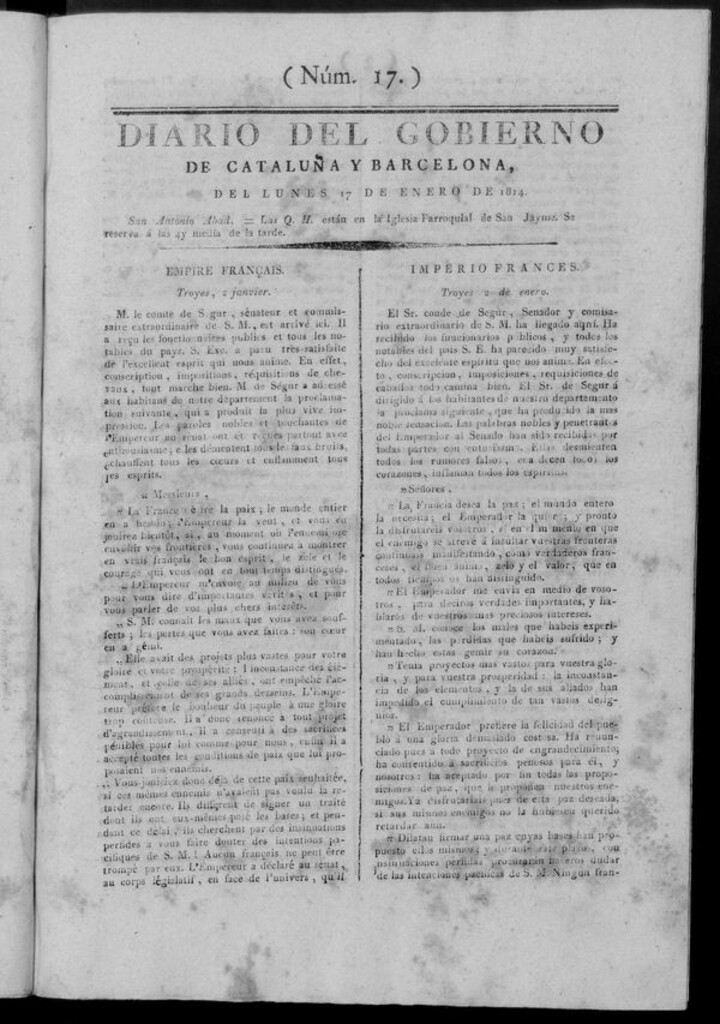 Miniatura de Diario de Barcelona del lunes 17 de enero de 1814