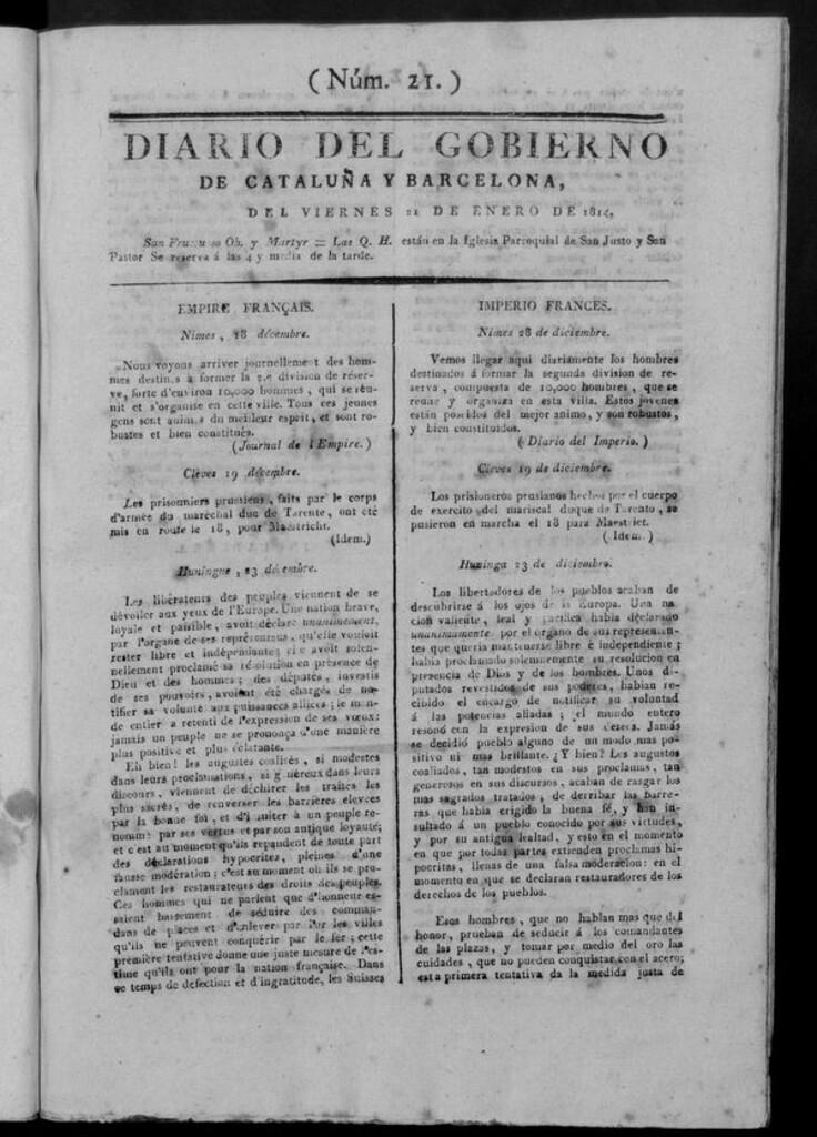 Miniatura de Diario de Barcelona del viernes 21 de enero de 1814