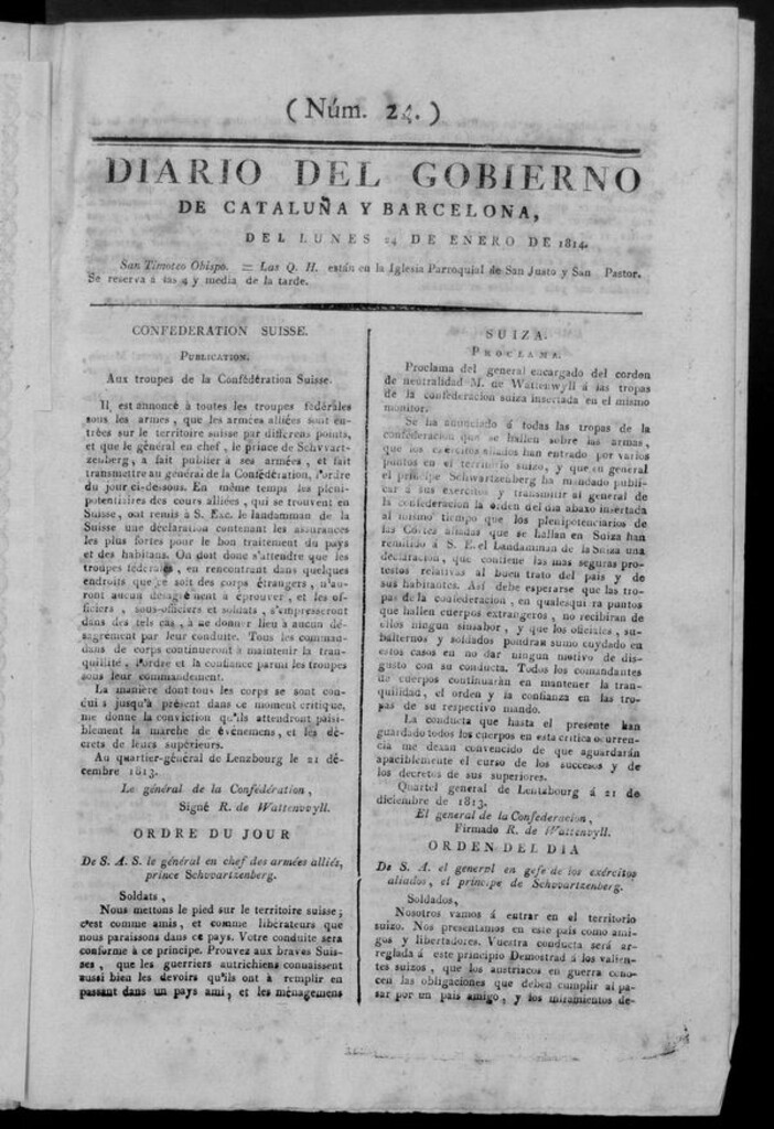 Miniatura de Diario de Barcelona del lunes 24 de enero de 1814